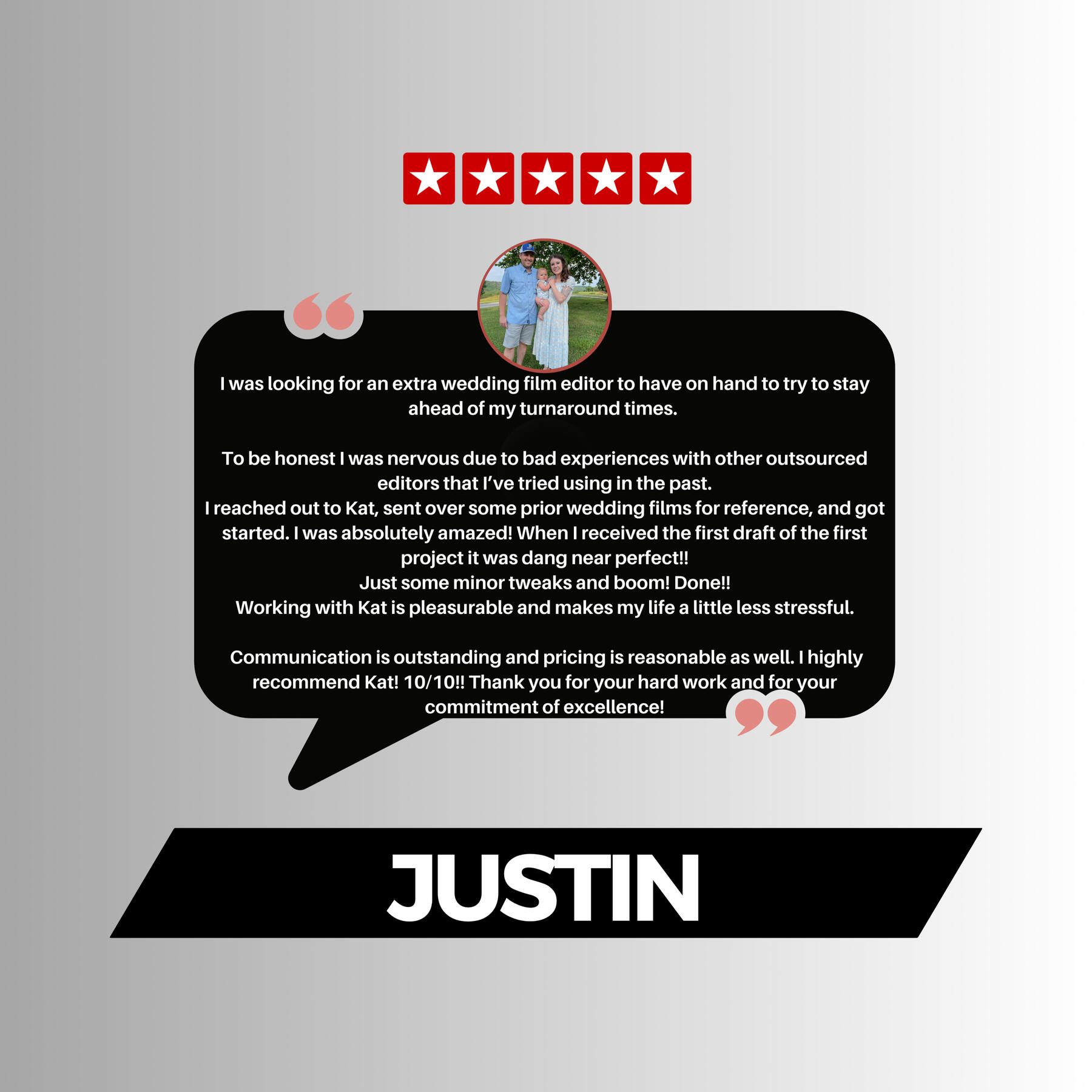 5-Star Wedding Video Editing Client Review 5-star client review for professional wedding video editing services